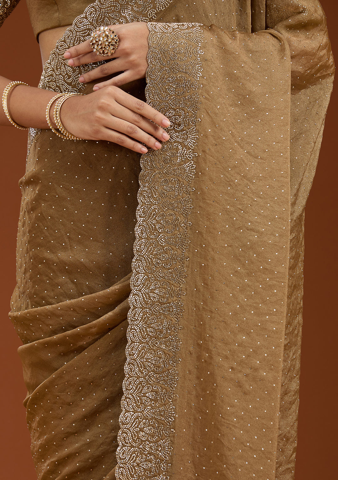 Brown Georgette Gold Zariwork Saree With Matching Blouse Piece