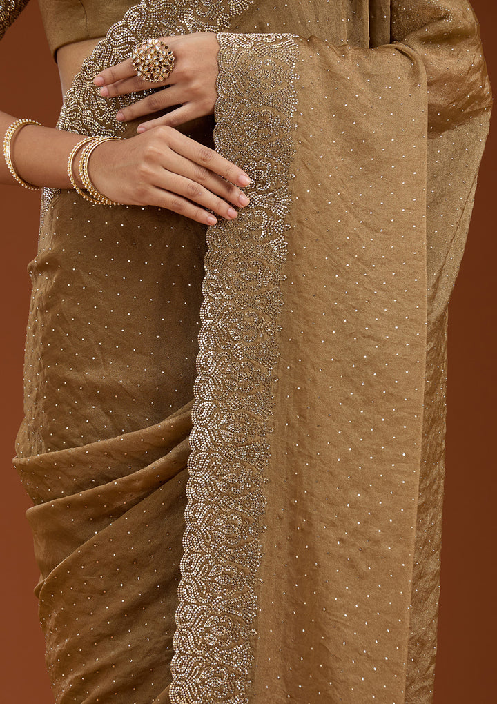 Brown Georgette Gold Zariwork Saree With Matching Blouse Piece