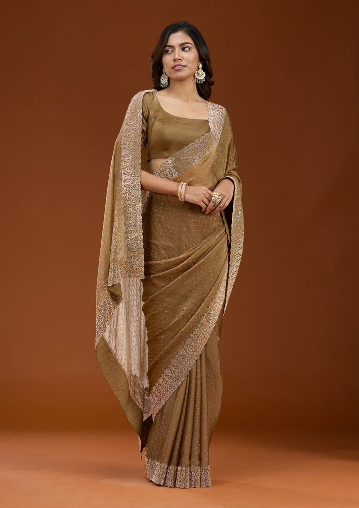 Brown Georgette Gold Zariwork Saree With Matching Blouse Piece