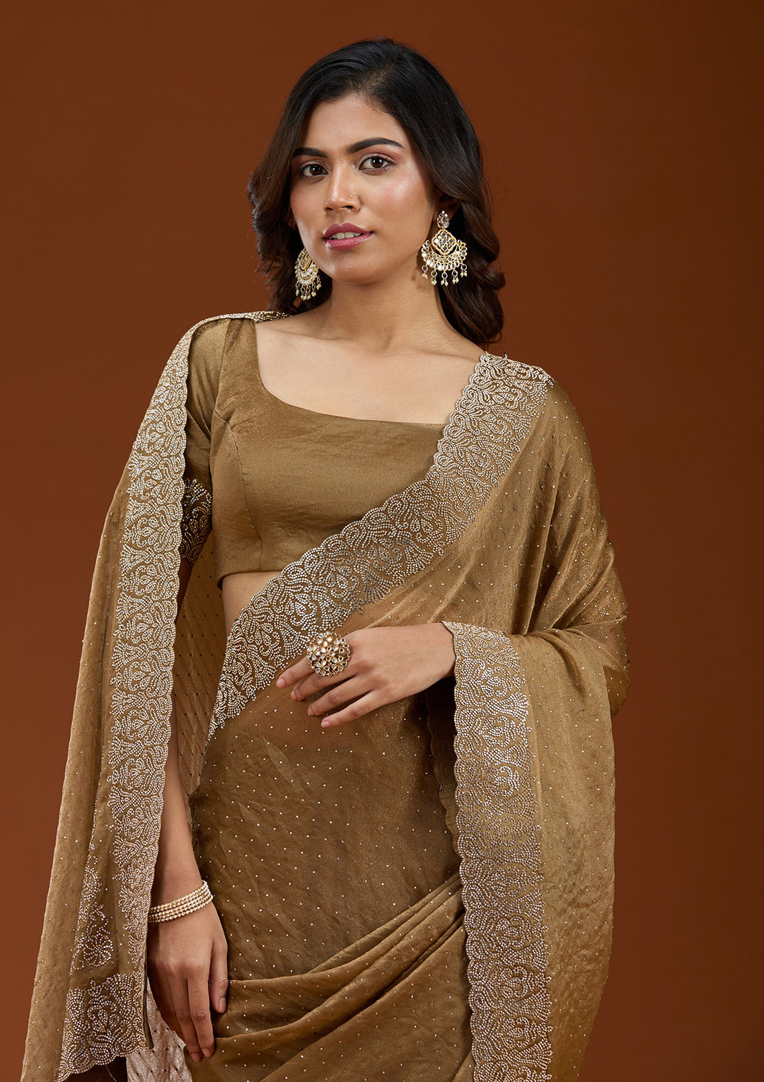 Brown Georgette Gold Zariwork Saree With Matching Blouse Piece