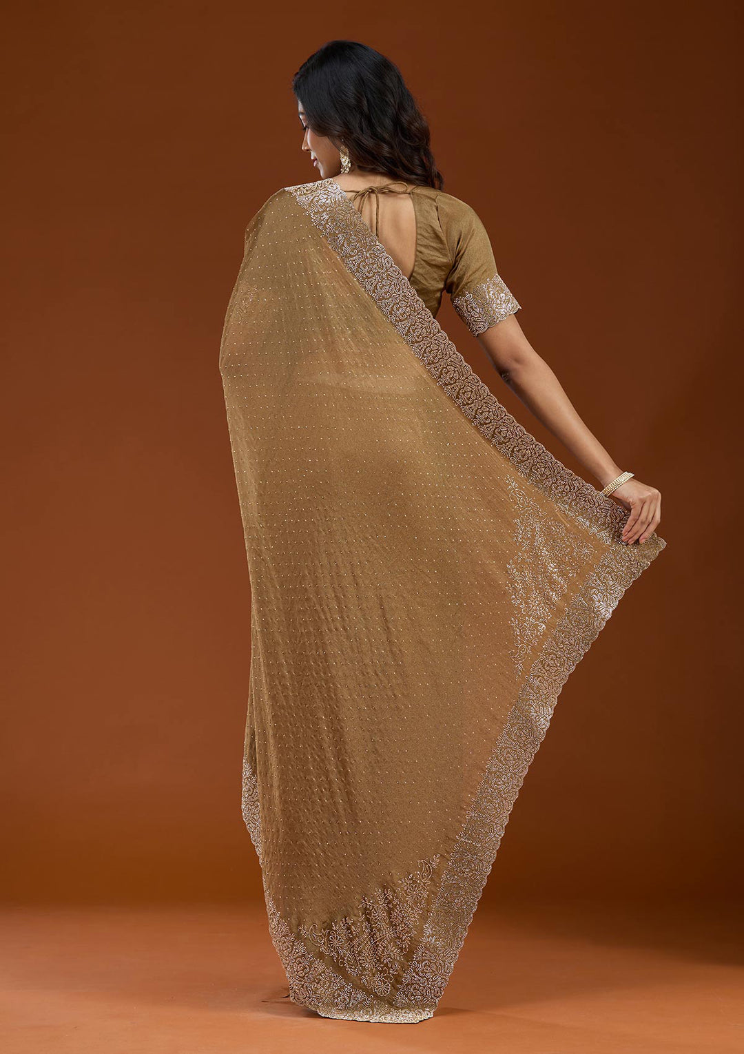Brown Georgette Gold Zariwork Saree With Matching Blouse Piece
