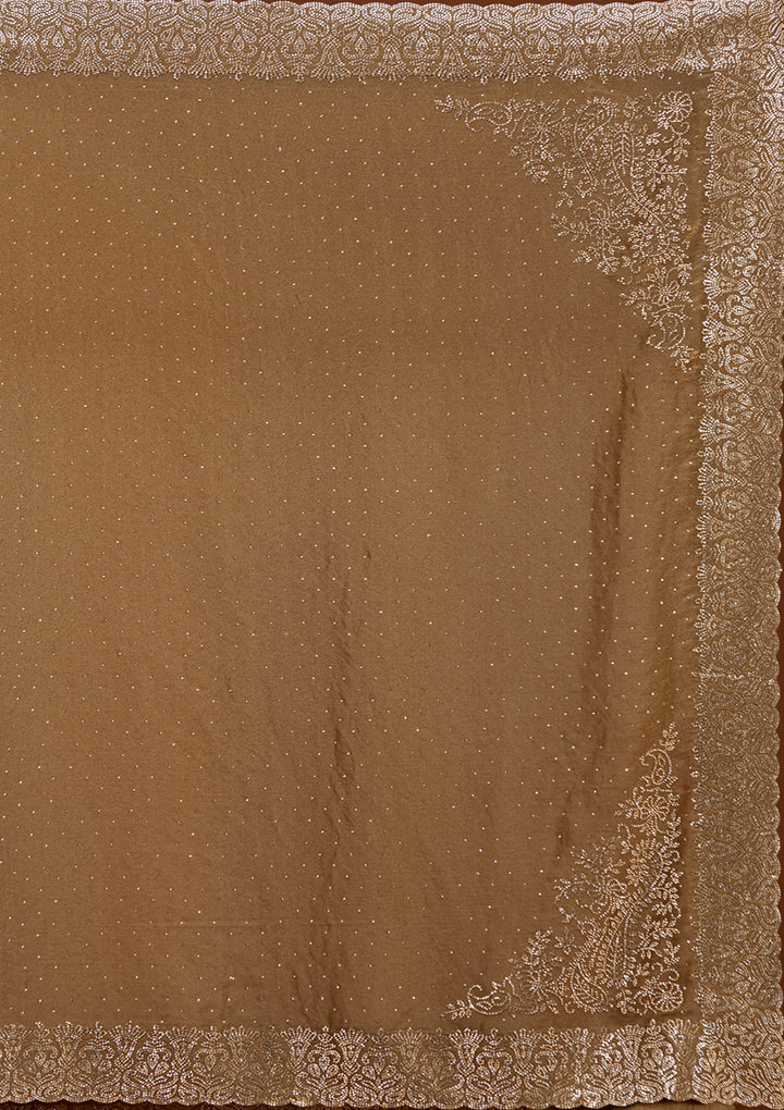 Brown Georgette Gold Zariwork Saree With Matching Blouse Piece