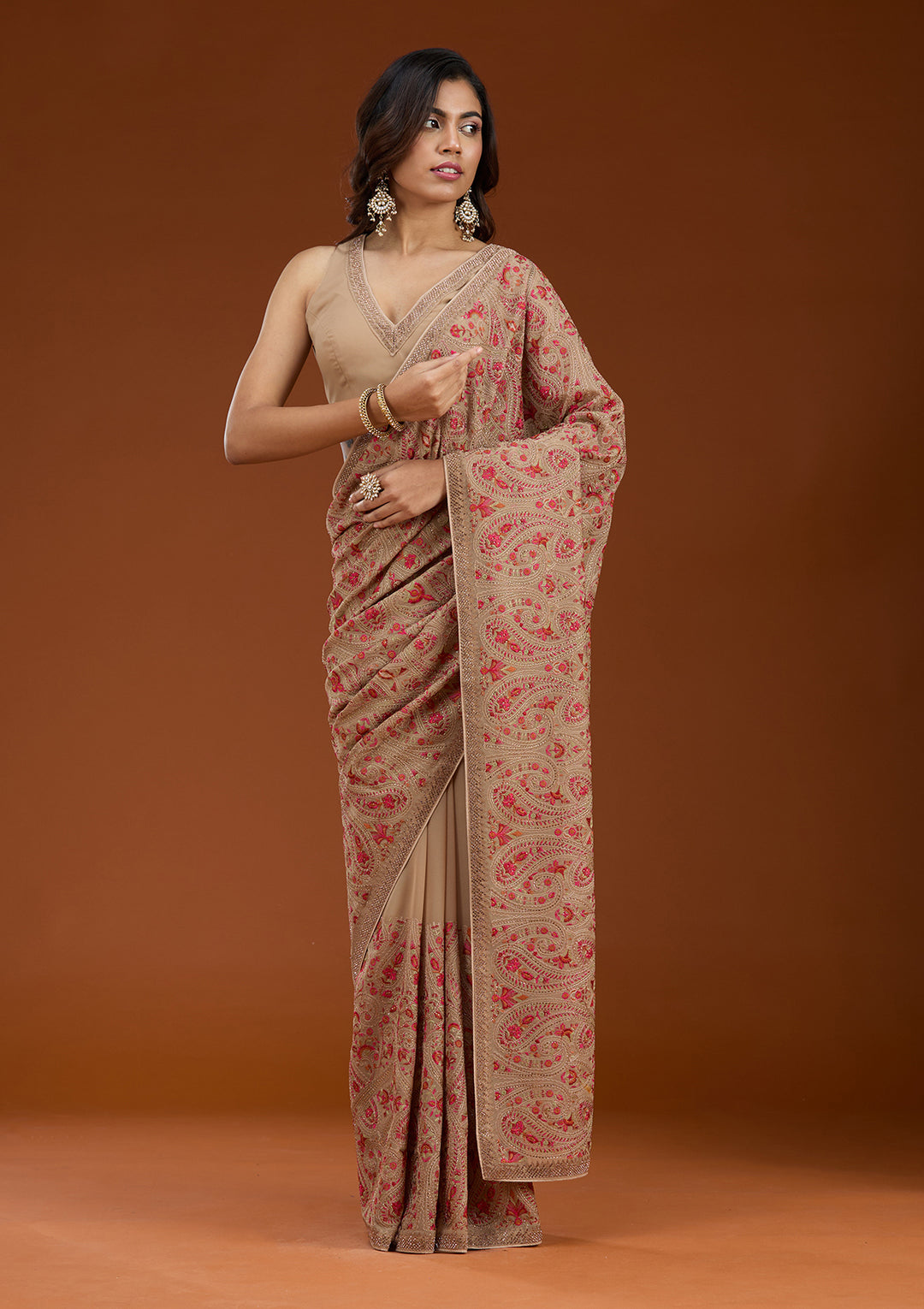 Beige Georgette Kashmiri Saree With Matching Blouse Piece