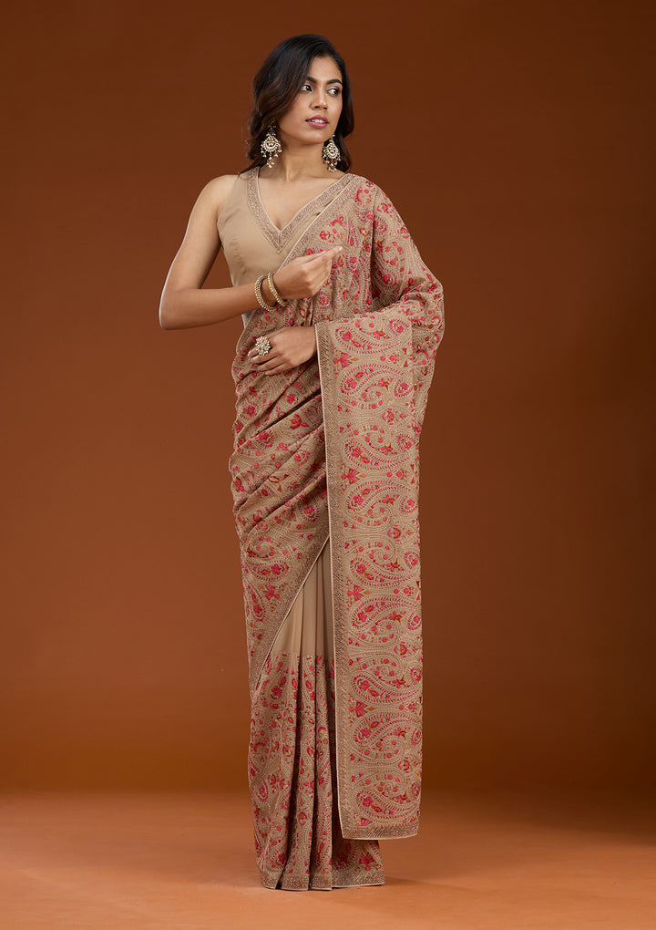 Beige Georgette Kashmiri Saree With Matching Blouse Piece