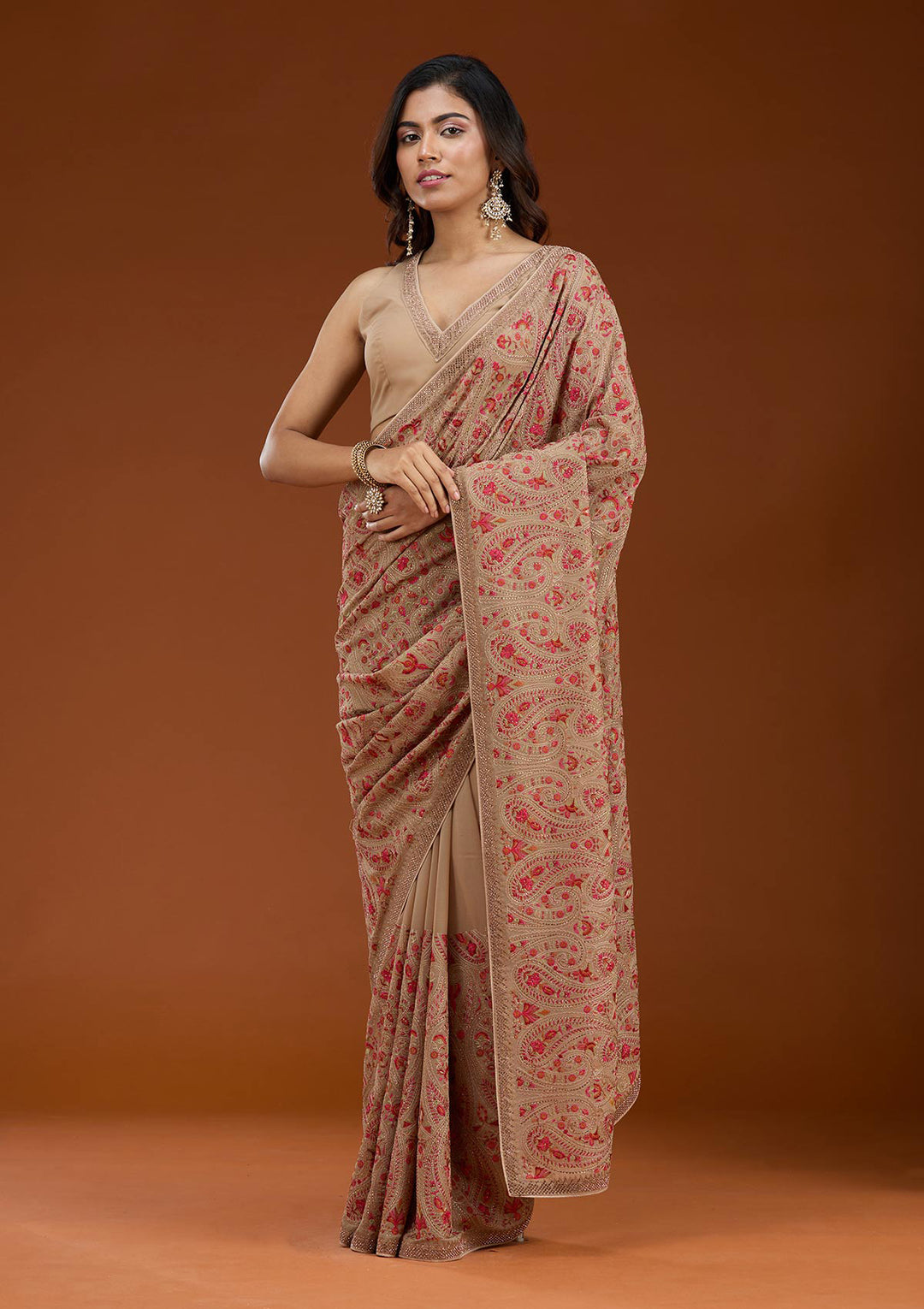Beige Georgette Kashmiri Saree With Matching Blouse Piece