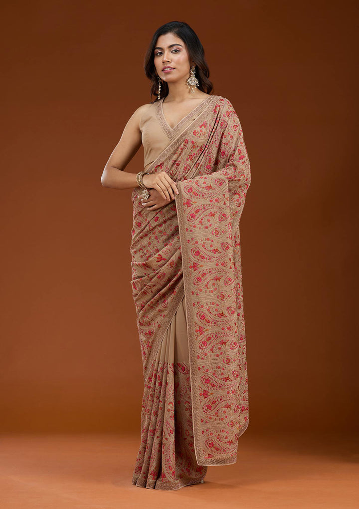 Beige Georgette Kashmiri Saree With Matching Blouse Piece
