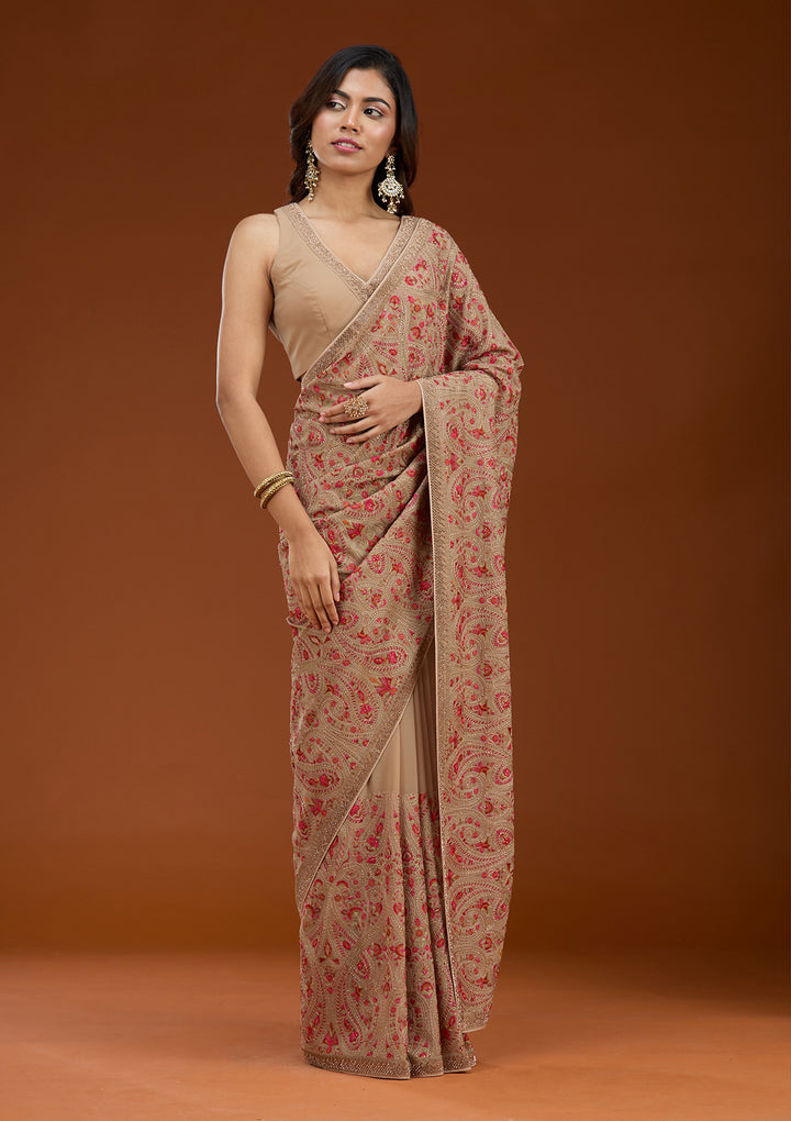 Beige Georgette Kashmiri Saree With Matching Blouse Piece