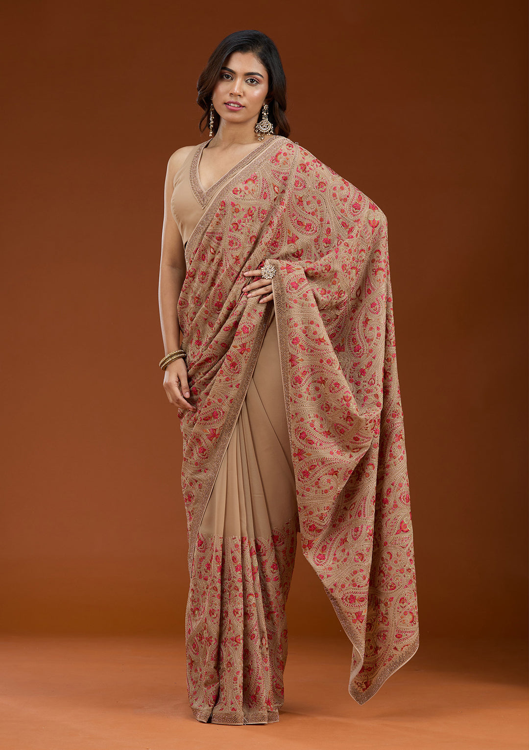 Beige Georgette Kashmiri Saree With Matching Blouse Piece