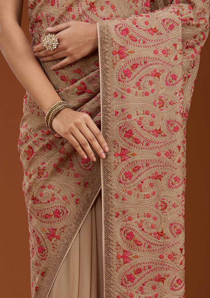Beige Georgette Kashmiri Saree With Matching Blouse Piece