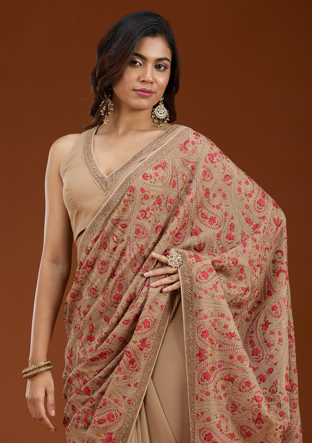 Beige Georgette Kashmiri Saree With Matching Blouse Piece