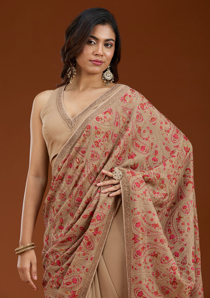 Beige Georgette Kashmiri Saree With Matching Blouse Piece