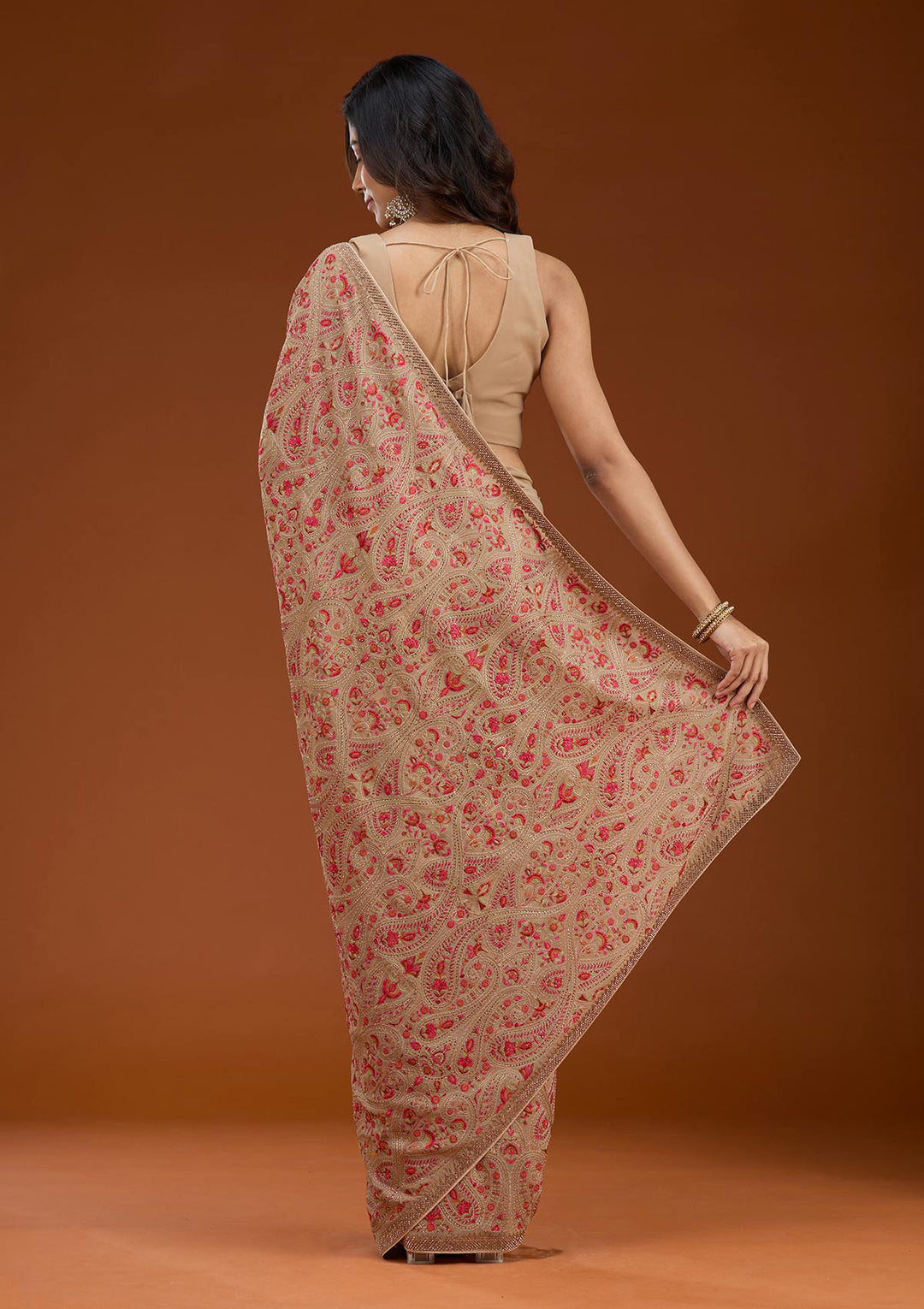 Beige Georgette Kashmiri Saree With Matching Blouse Piece
