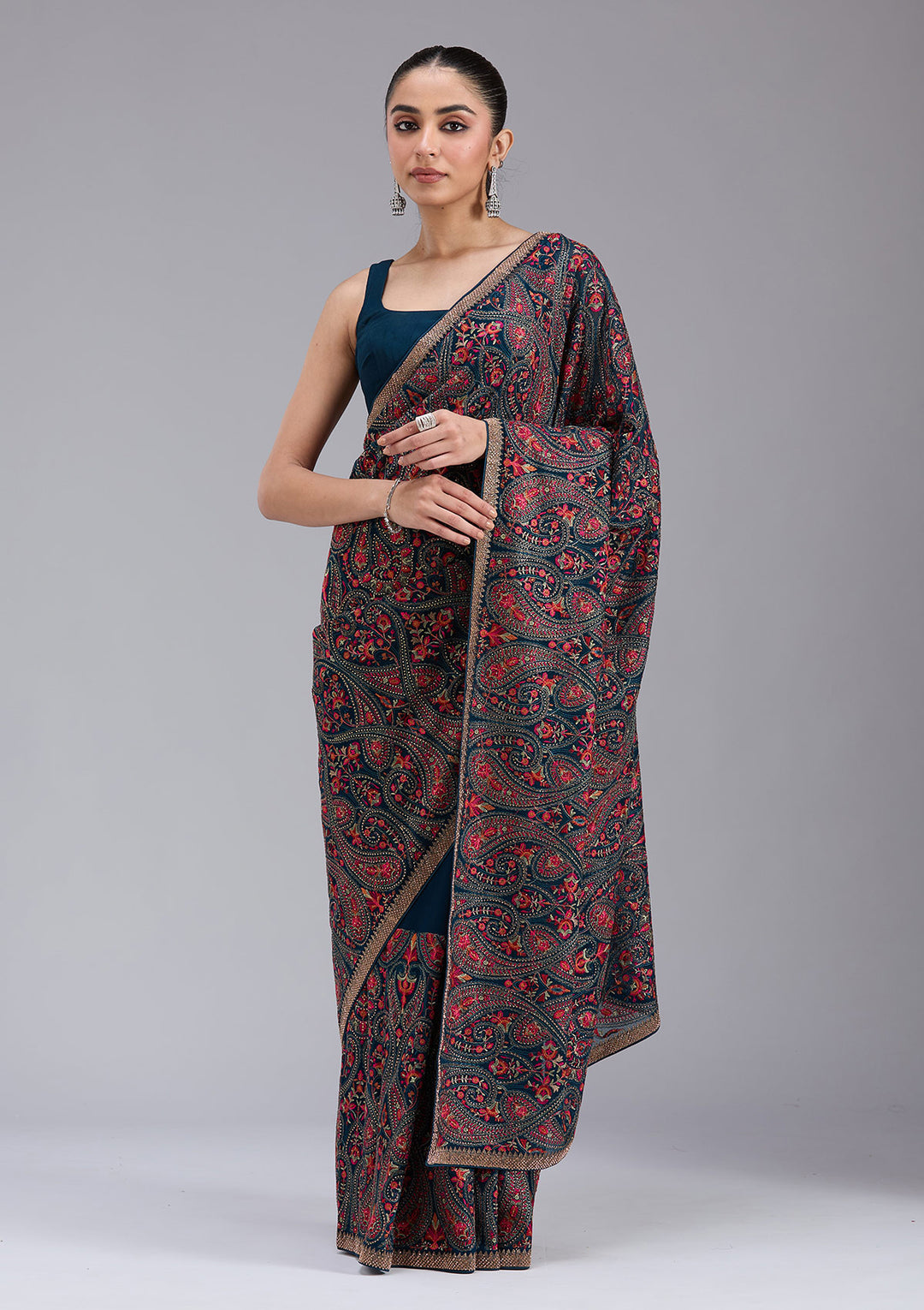 Peacock Blue Kashmiri Georgette Saree
