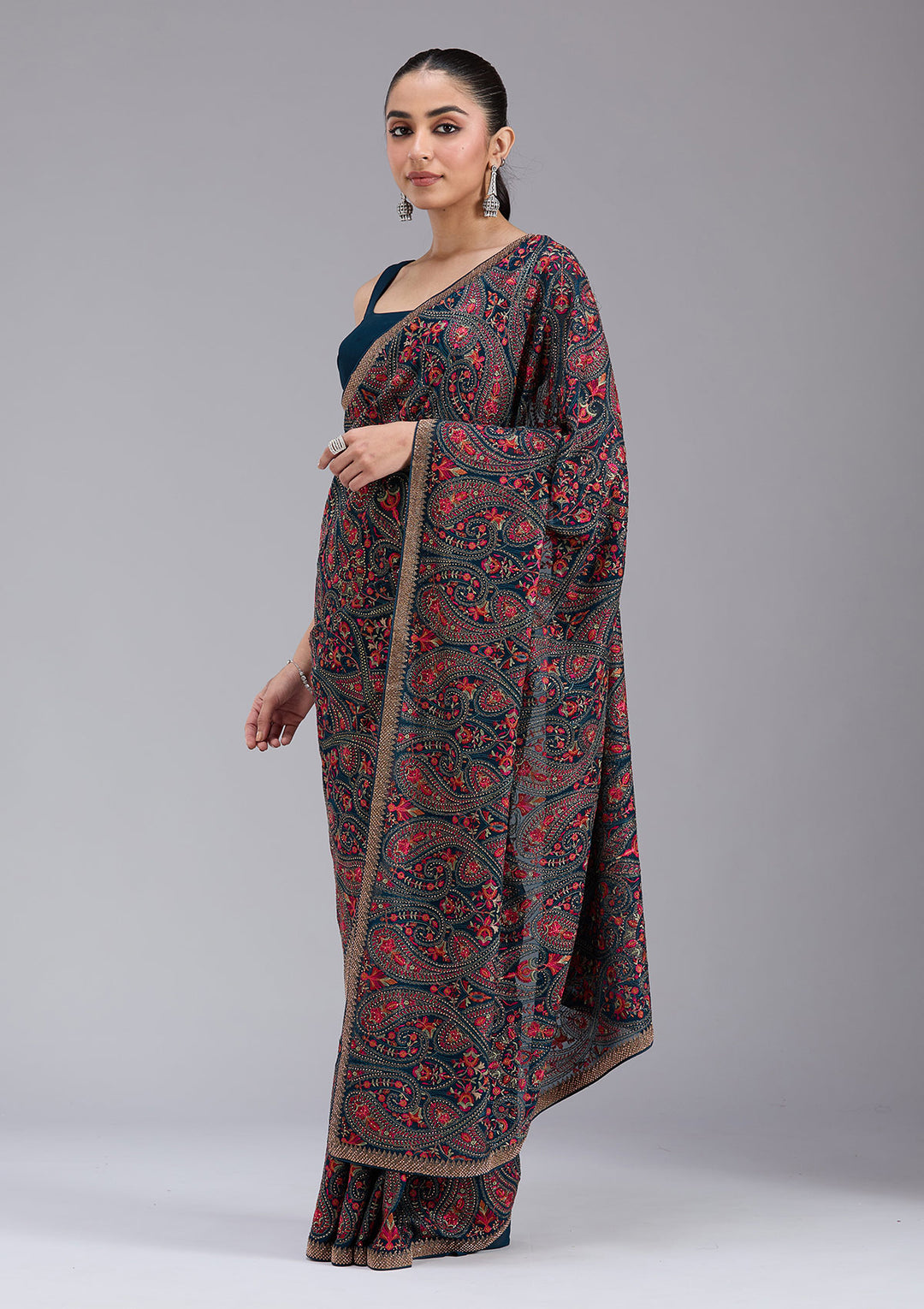 Peacock Blue Kashmiri Georgette Saree
