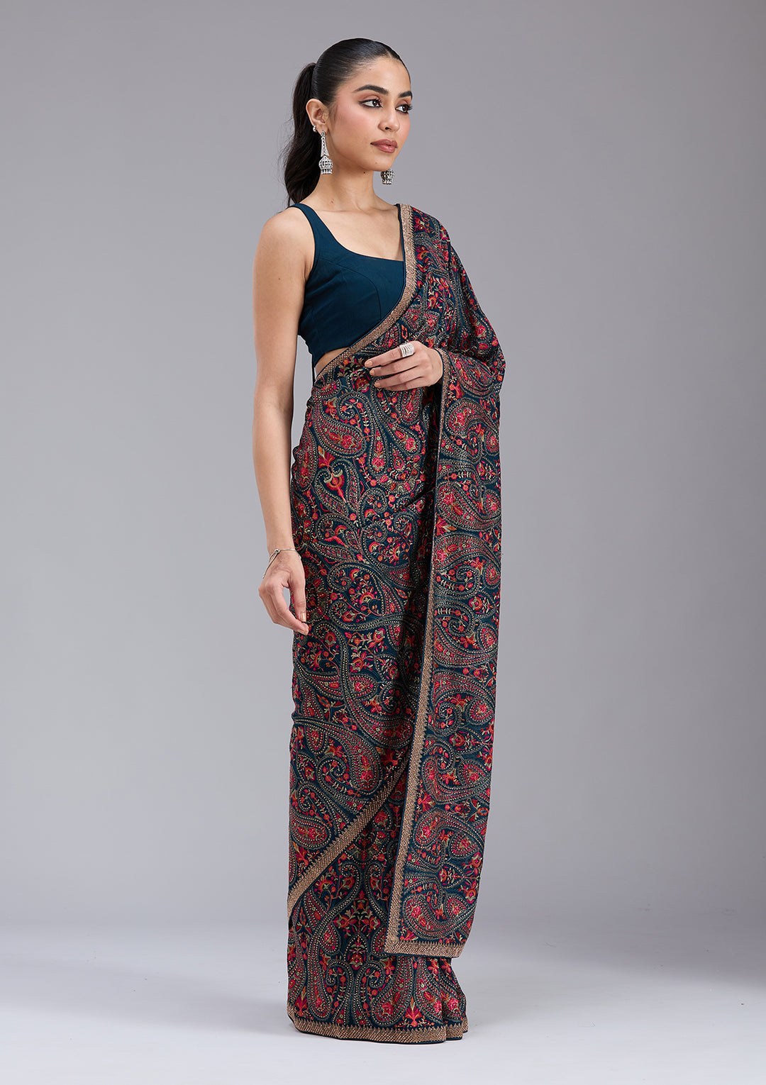 Peacock Blue Kashmiri Georgette Saree