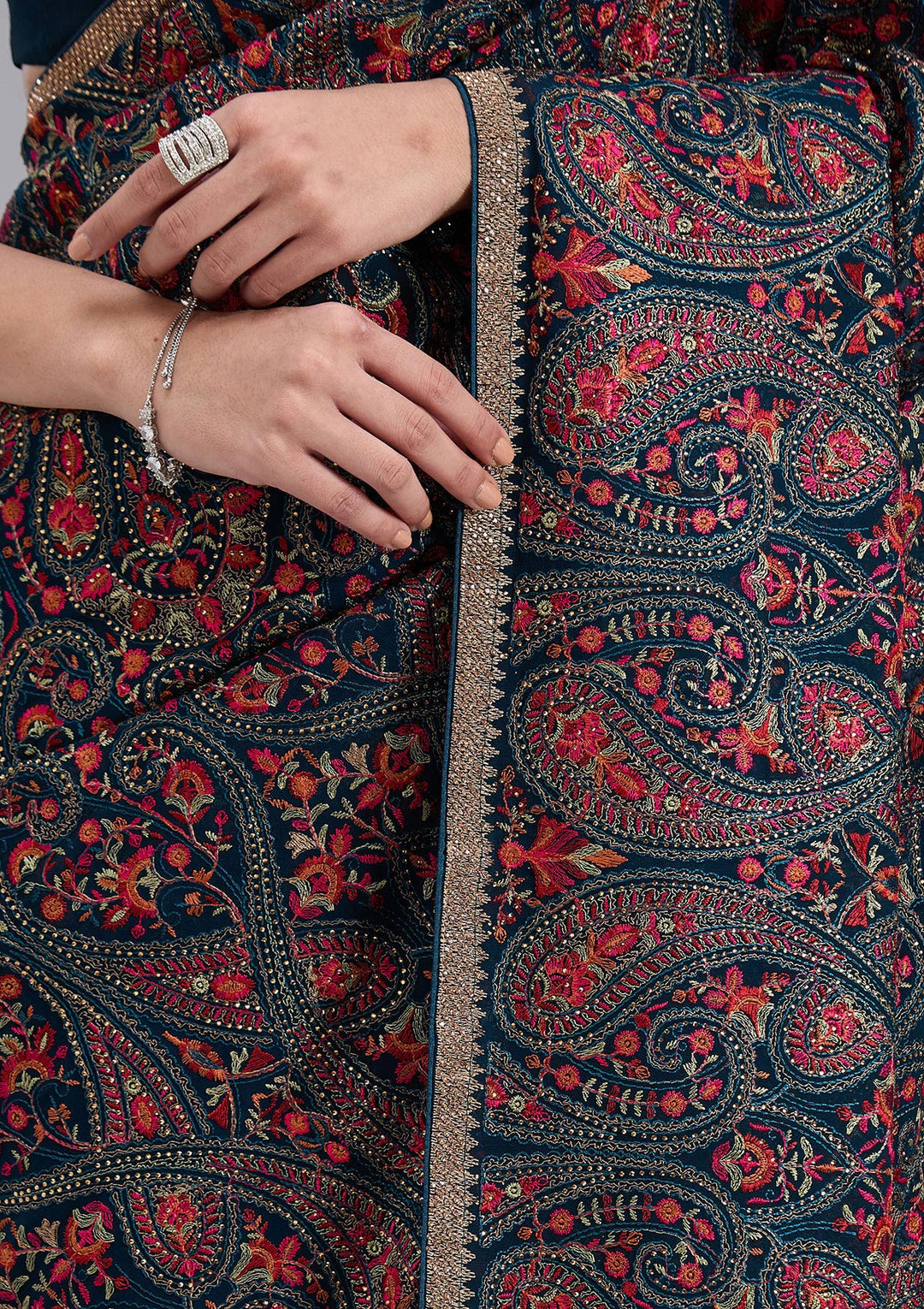 Peacock Blue Kashmiri Georgette Saree