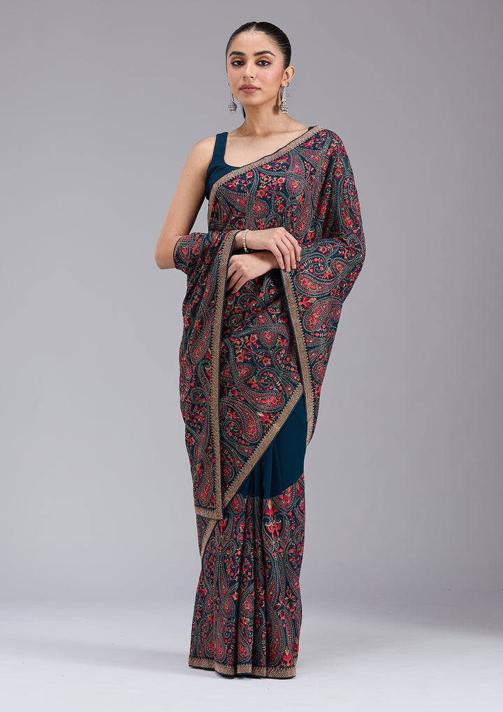 Peacock Blue Kashmiri Georgette Saree