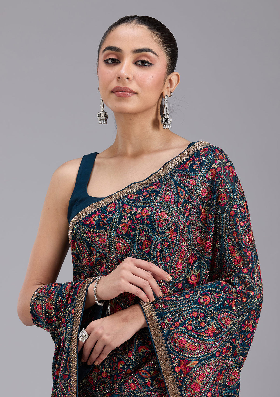 Peacock Blue Kashmiri Georgette Saree