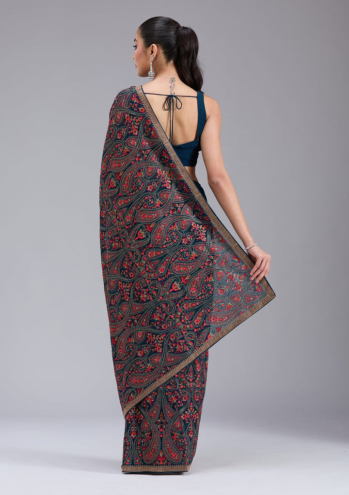 Peacock Blue Kashmiri Georgette Saree