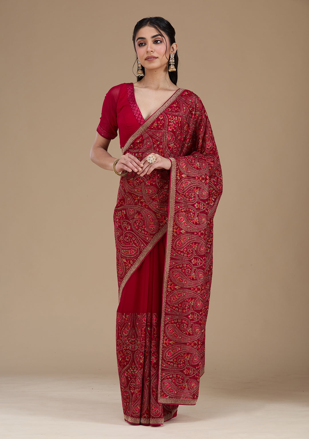 Rani Pink Georgette Kashmiri Saree With Matching Blouse Piece