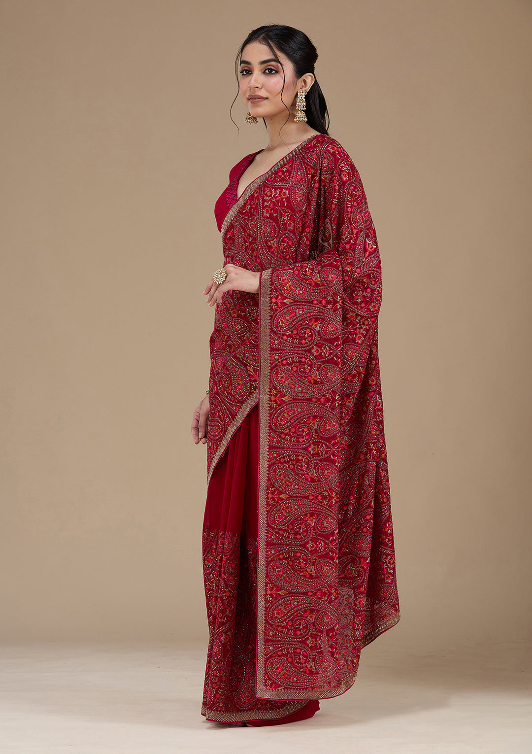 Rani Pink Georgette Kashmiri Saree With Matching Blouse Piece