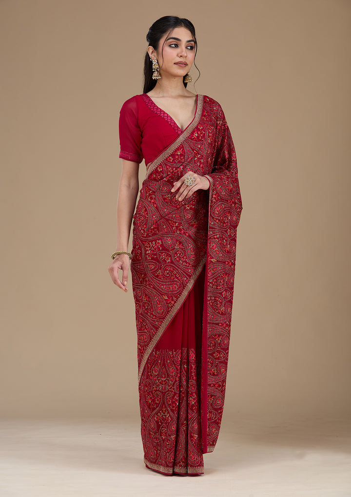 Rani Pink Georgette Kashmiri Saree With Matching Blouse Piece