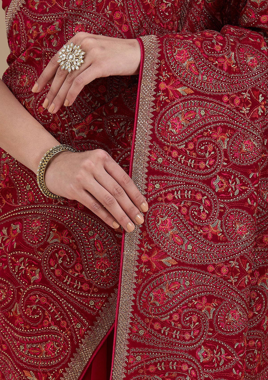 Rani Pink Georgette Kashmiri Saree With Matching Blouse Piece