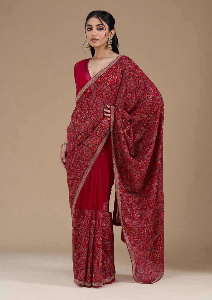 Rani Pink Georgette Kashmiri Saree With Matching Blouse Piece