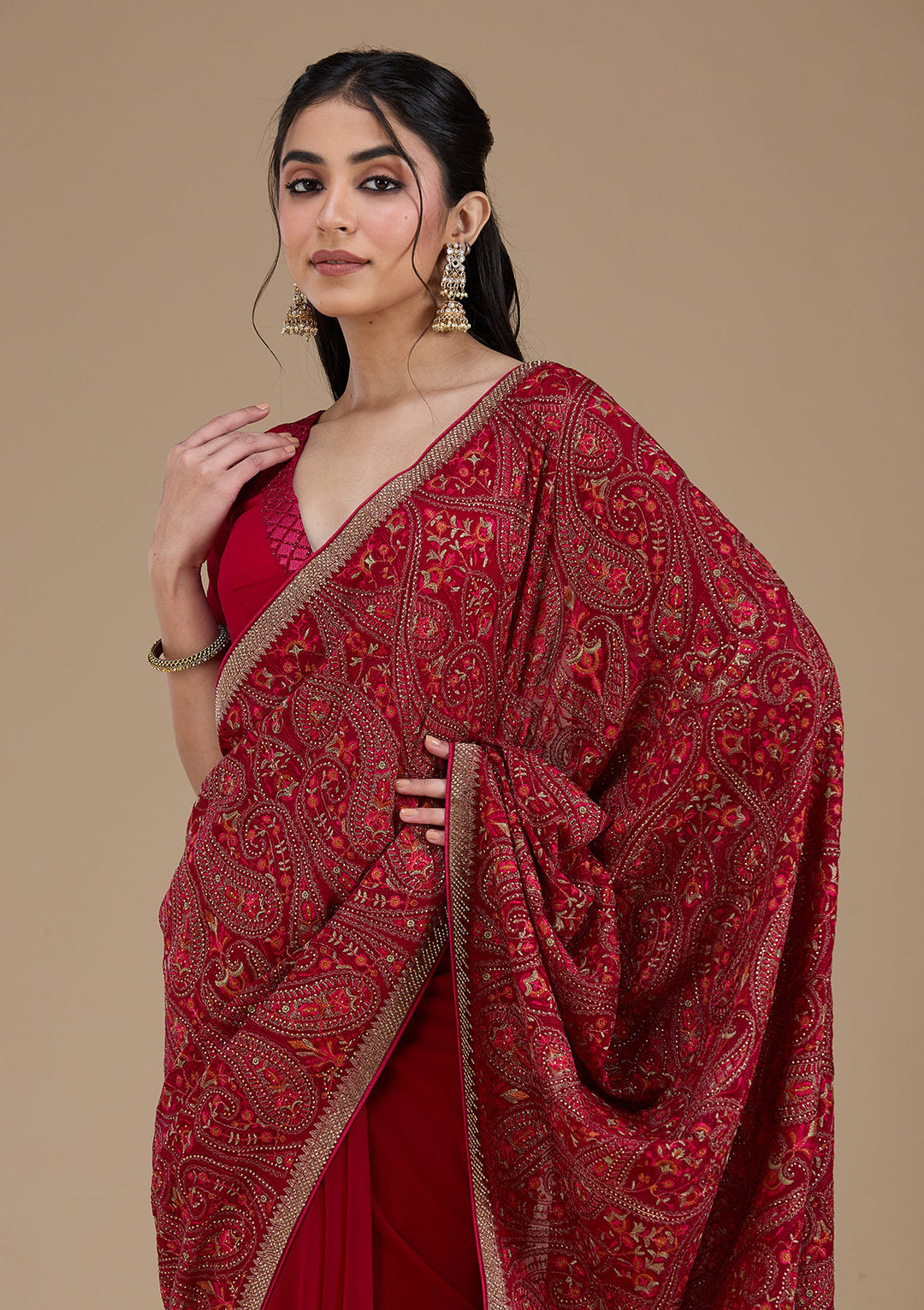 Rani Pink Georgette Kashmiri Saree With Matching Blouse Piece