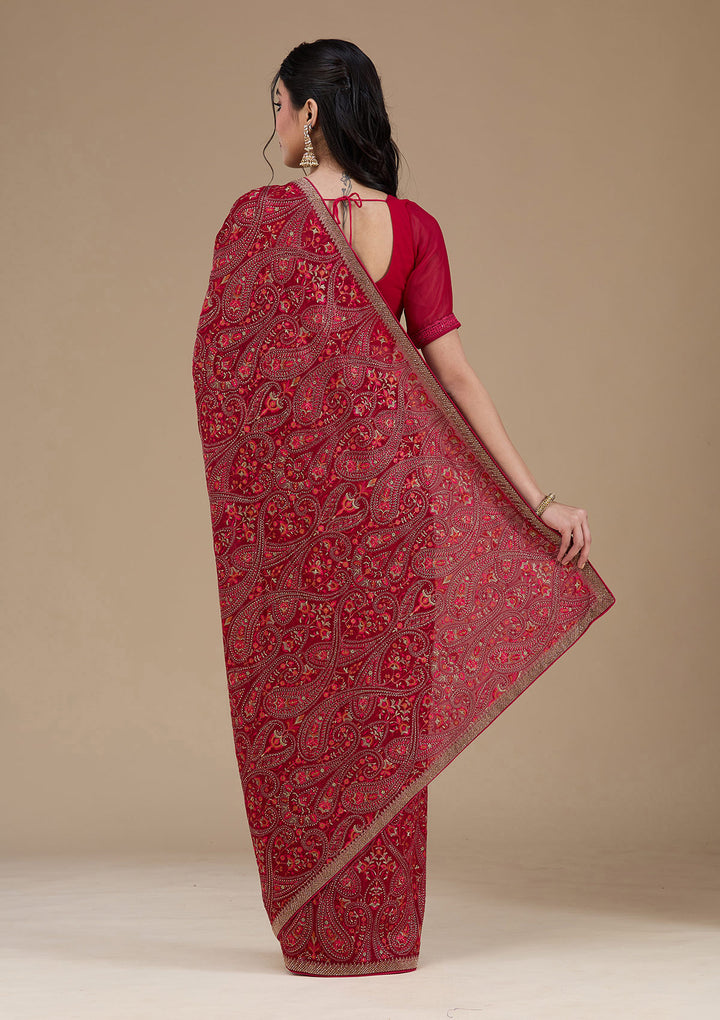 Rani Pink Georgette Kashmiri Saree With Matching Blouse Piece