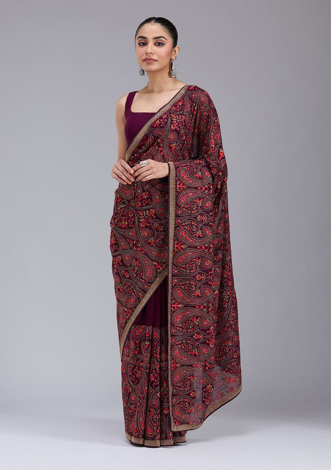 Wine Georgette Kashmiri Saree With Matching Blouse Piece