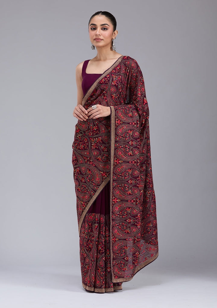 Wine Georgette Kashmiri Saree With Matching Blouse Piece