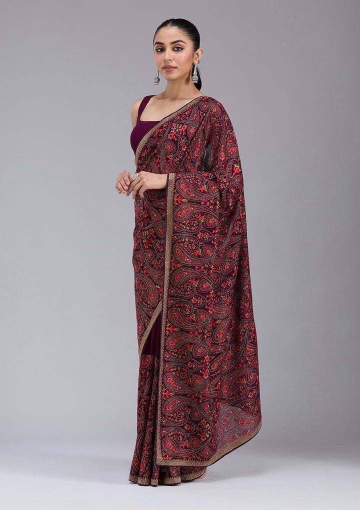 Wine Georgette Kashmiri Saree With Matching Blouse Piece