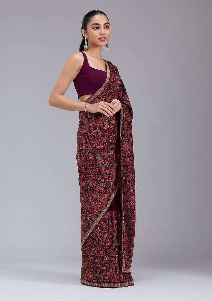 Wine Georgette Kashmiri Saree With Matching Blouse Piece