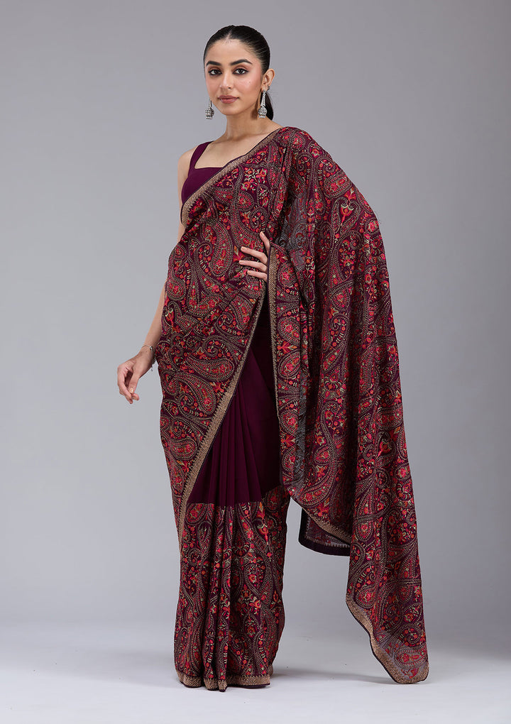 Wine Georgette Kashmiri Saree With Matching Blouse Piece
