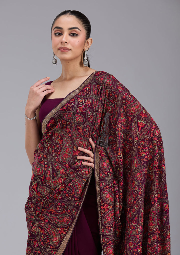 Wine Georgette Kashmiri Saree With Matching Blouse Piece