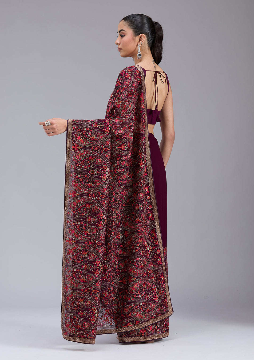 Wine Georgette Kashmiri Saree With Matching Blouse Piece