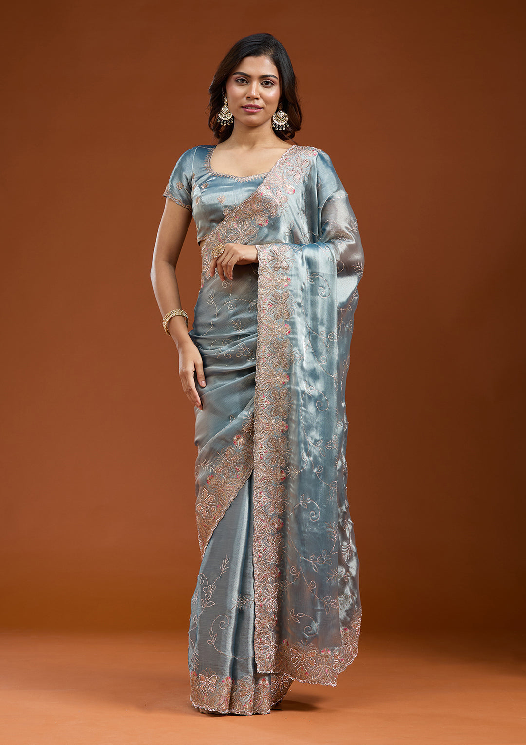 Grey Organza Gold Stonework Saree With Matching Blouse Piece