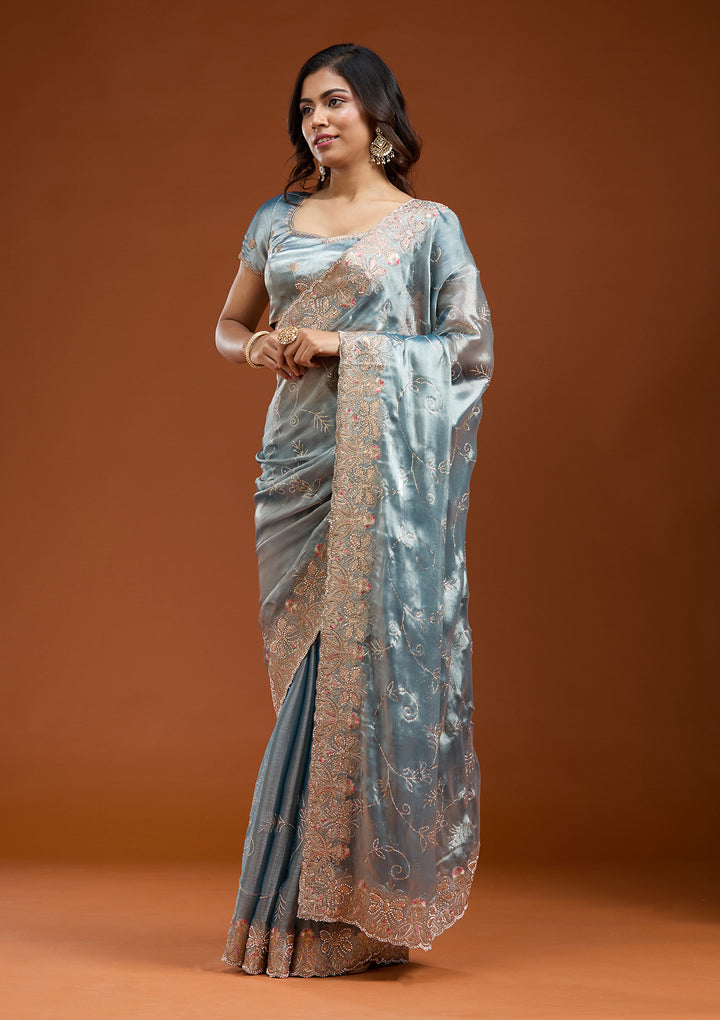 Grey Organza Gold Stonework Saree With Matching Blouse Piece