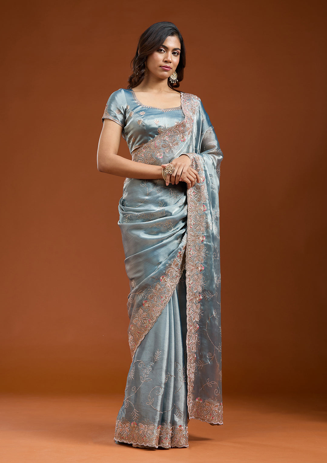 Grey Organza Gold Stonework Saree With Matching Blouse Piece