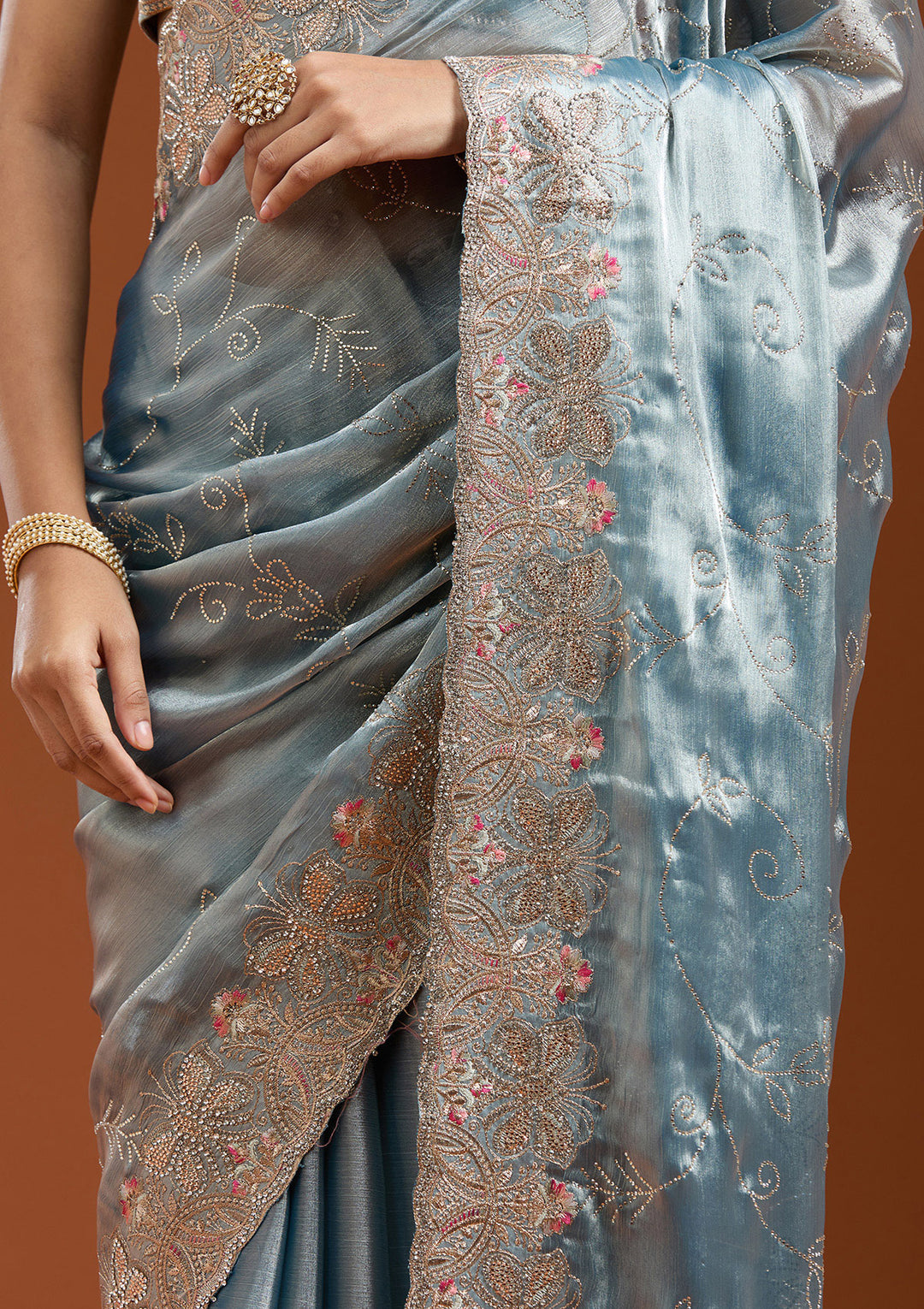 Grey Organza Gold Stonework Saree With Matching Blouse Piece