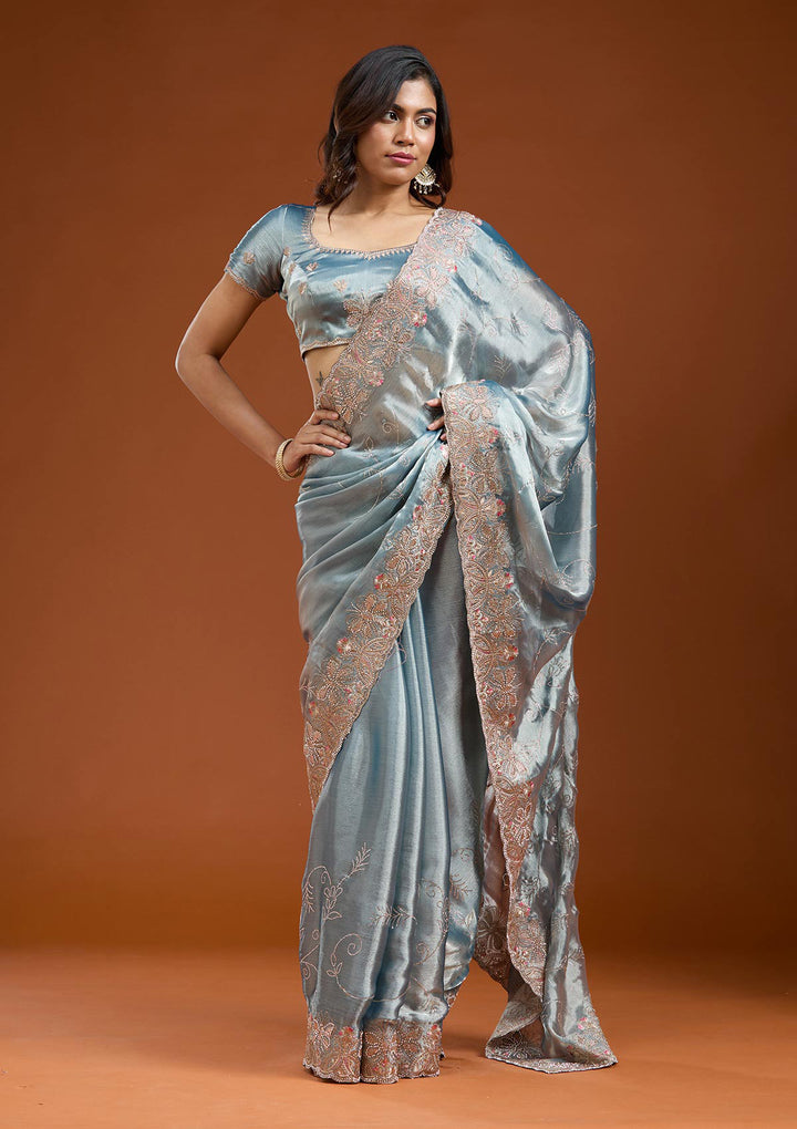 Grey Organza Gold Stonework Saree With Matching Blouse Piece
