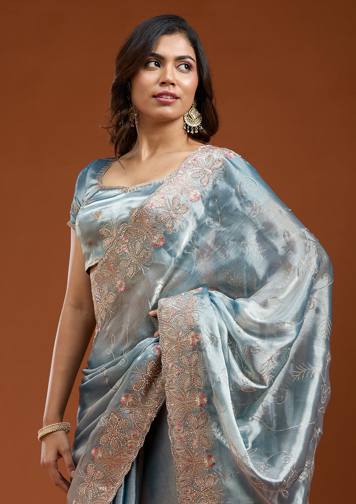 Grey Organza Gold Stonework Saree With Matching Blouse Piece
