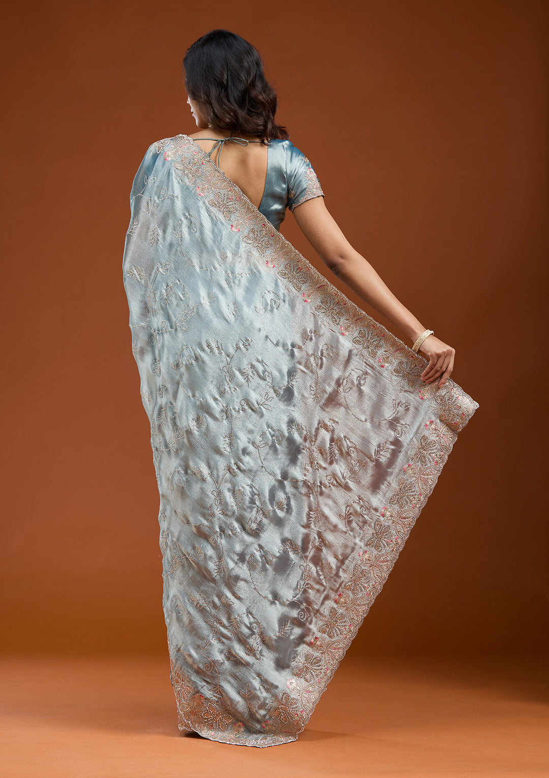 Grey Organza Gold Stonework Saree With Matching Blouse Piece