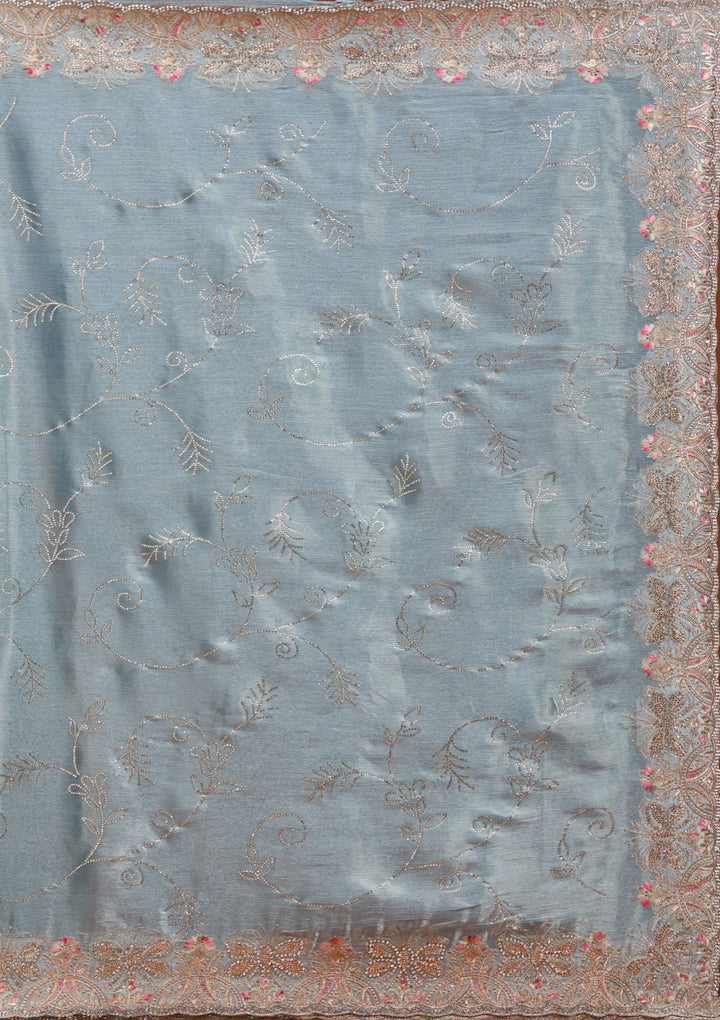 Grey Organza Gold Stonework Saree With Matching Blouse Piece