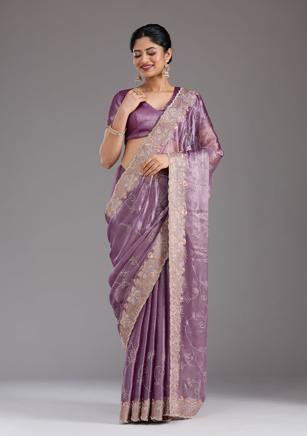 Lavender Organza Gold Stonework Saree With Matching Blouse Piece