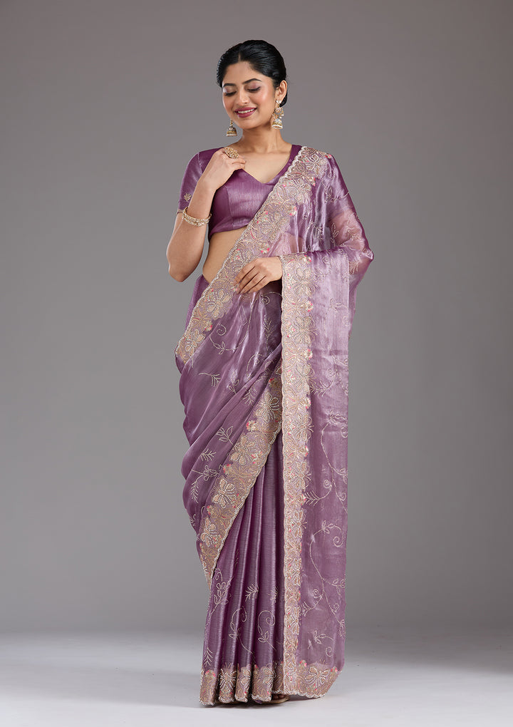 Lavender Organza Gold Stonework Saree With Matching Blouse Piece