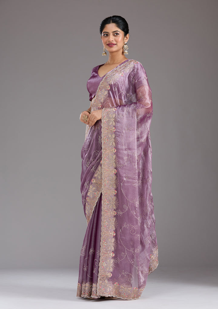 Lavender Organza Gold Stonework Saree With Matching Blouse Piece