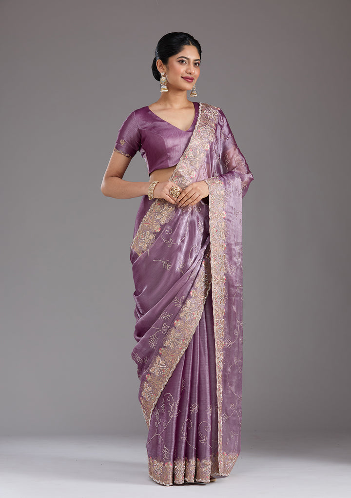 Lavender Organza Gold Stonework Saree With Matching Blouse Piece