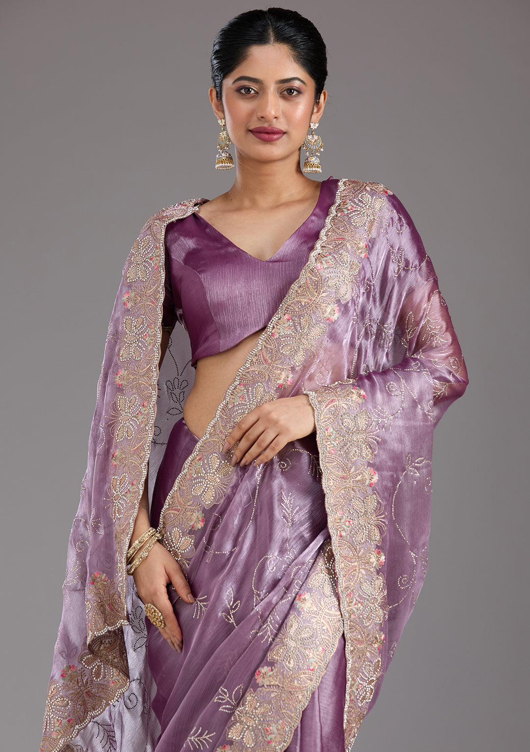 Lavender Organza Gold Stonework Saree With Matching Blouse Piece